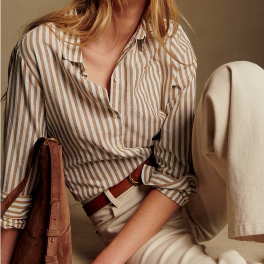 Sezane Tomboy Shirt in Ecru and Camel Stripe
